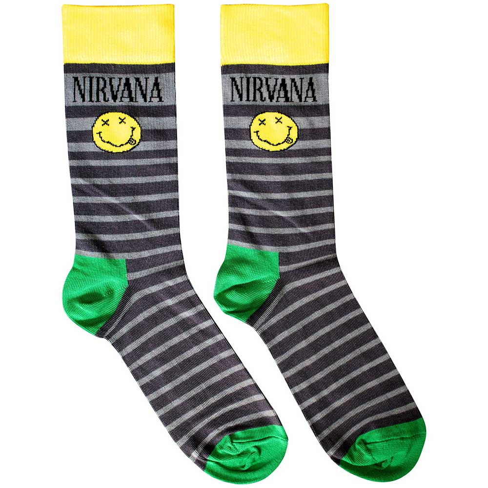 Image of Nirvana Unisex Terry Socks: Happy Face & Logo Stripes Rock Off